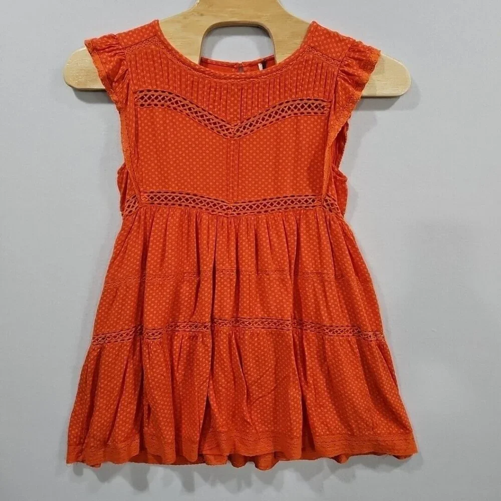 Free People Retro Kitty Crochet Lace Mini‎ Dress Orange Size Small Pockets